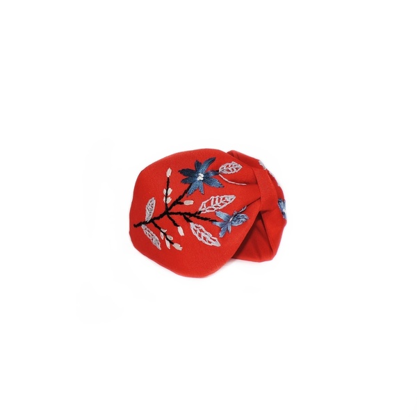 Χειροποίτη φλοράλ στέκα με κέντημα στο χέρι σε κοκκινο λινό ύφασμα / Handmade floral embroidery headband in red linen cloth . - στέκες - 2