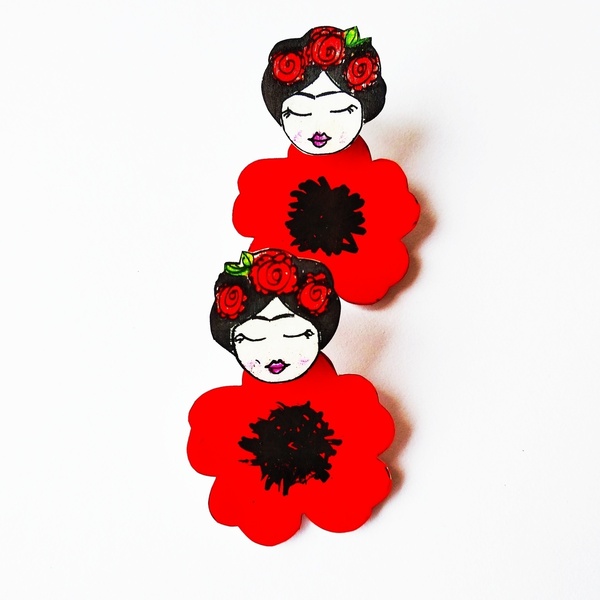 Κόκκινη επαναστατική ear jacket με παπαρούνες αγαπημένη ζωγράφος - λουλούδι, μικρά, boho - 2
