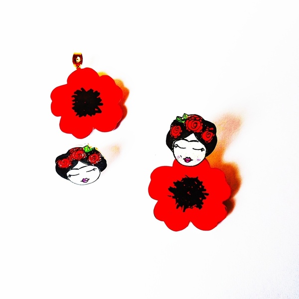 Κόκκινη επαναστατική ear jacket με παπαρούνες αγαπημένη ζωγράφος - λουλούδι, μικρά, boho