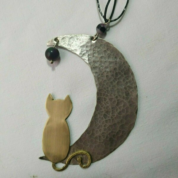 Χειροποίητο κολιέ μακρύ γάτα στο φεγγάρι - ημιπολύτιμες πέτρες, ορείχαλκος, αλπακάς, φεγγάρι, γάτα - 2