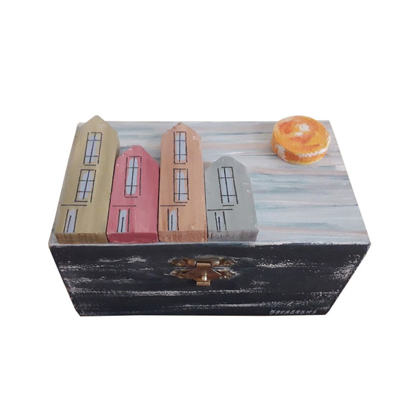 Κουτί αποθήκευσης ξύλινο χειροποίητο Γειτονιά 14x8x8 Μπλέ Καπαδάκης - δώρο, χειροποίητα, κοσμηματοθήκη, κουτιά αποθήκευσης, δώρα για γυναίκες