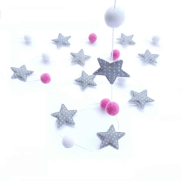 Διακοσμητική Γιρλάντα με Πον Πον Σαπιο μήλο και Λευκό και Υφασμάτινα Γκρι Αστέρια 2,50μ - κορίτσι, αστέρι, γιρλάντες, pom pom