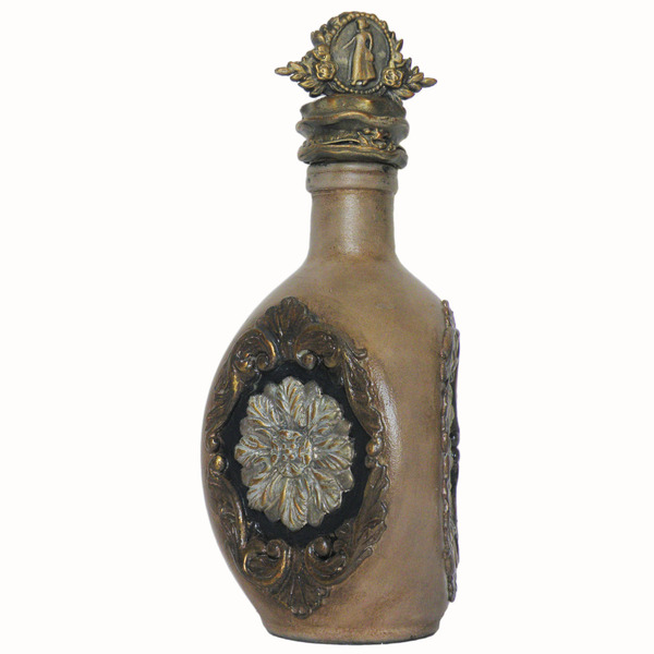 Γυάλινο διακοσμητικό μπουκάλι με αναγλυφα διακοσμητικα στοιχεια πηλου - γυαλί, σπίτι, πηλός, χειροποίητα, διακοσμητικά μπουκάλια