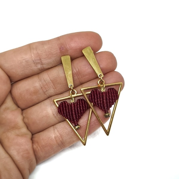 Μίνιμαλ σκουλαρίκια με κόκκινη καρδούλα - επιχρυσωμένα, ορείχαλκος, καρδιά, κρεμαστά - 2