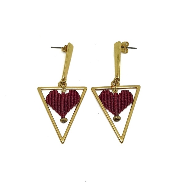 Μίνιμαλ σκουλαρίκια με κόκκινη καρδούλα - επιχρυσωμένα, ορείχαλκος, καρδιά, κρεμαστά - 4