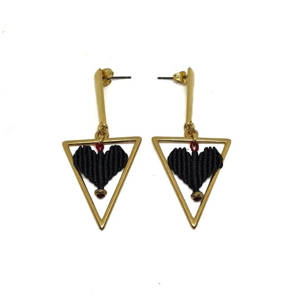 Μίνιμαλ σκουλαρίκια με μαύρη καρδούλα - επιχρυσωμένα, ορείχαλκος, καρδιά, μικρά, κρεμαστά - 4