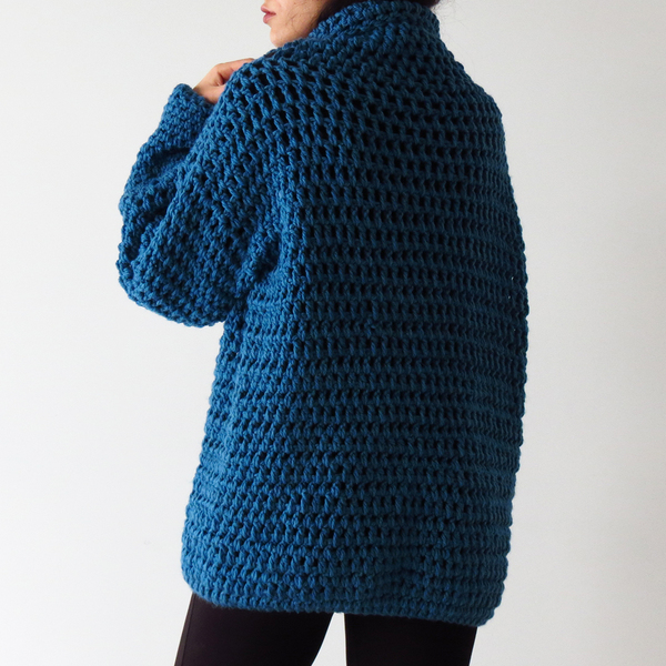 Πλεκτό χειροποίητο μακρύ πουλόβερ σε απόχρωση του μπλε - μαλλί, crop top, μακρυμάνικες - 3