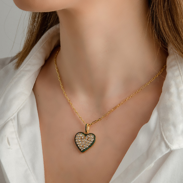 Green Heart Chain Necklace - charms, γυναικεία, επιχρυσωμένα, ορείχαλκος, καρδιά - 3