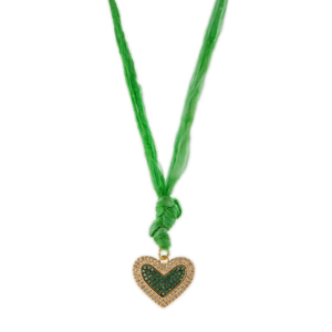 Green Heart Yarn Necklace - επιχρυσωμένα, ορείχαλκος, καρδιά, κορδόνια, μακριά