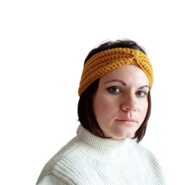 Κομψή χειροποίητη πλεκτή κορδέλα headband σε γλυκό κίτρινο (μουσταρδί) χρώμα. One size. Ταιριάζει ιδανικά με όλες τις καθημερινές σας εμφανίσεις. - πλεκτή, headbands - 2