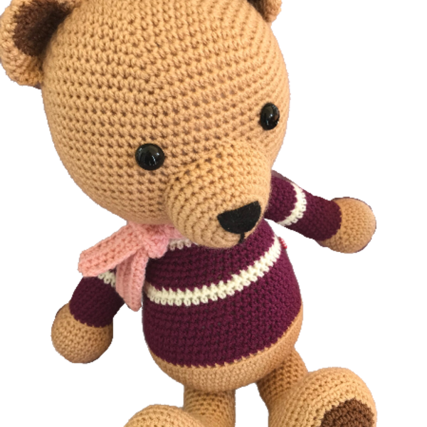 Αρκούδος με μπορντώ πουλόβερ - βελονάκι, λούτρινα, αρκουδάκι, amigurumi - 2