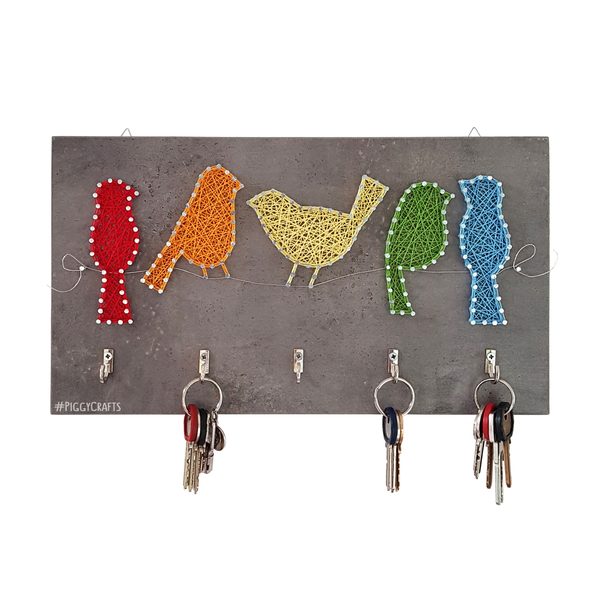Κλειδοθήκη μελαμίνης με καρφιά & κλωστές "Colorful Birds" 35x20cm - πουλάκια, κλειδί, κλειδοθήκες
