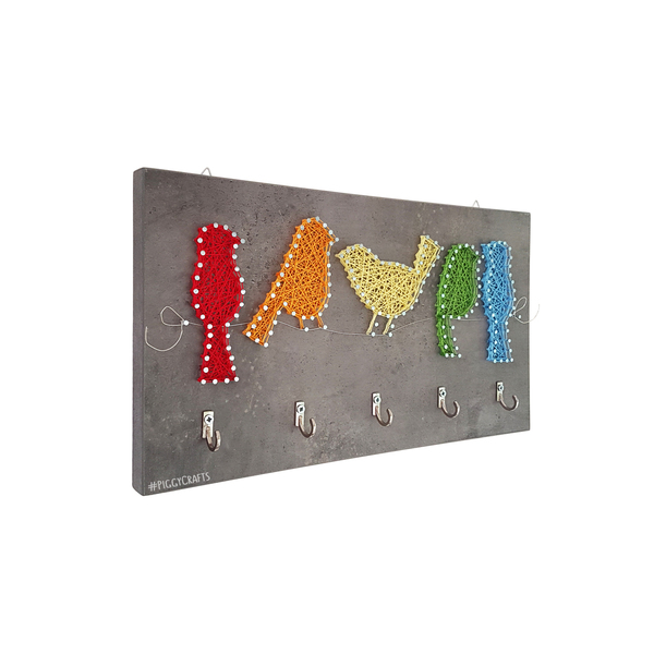 Κλειδοθήκη μελαμίνης με καρφιά & κλωστές "Colorful Birds" 35x20cm - πουλάκια, κλειδί, κλειδοθήκες - 5
