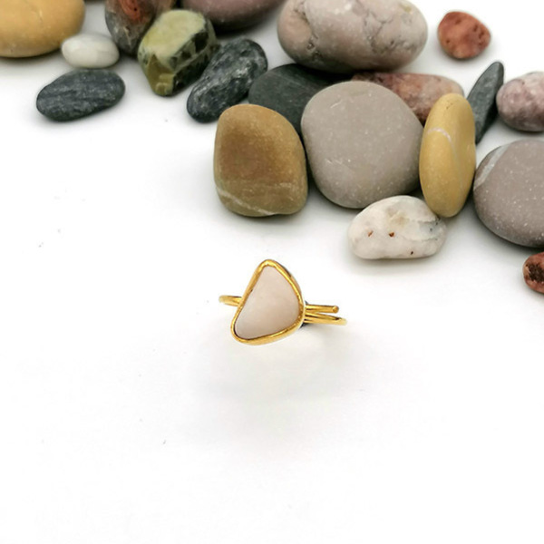 Δαχτυλίδι από φυσικό άσπρο βότσαλο - ασήμι, επιχρυσωμένα, μικρά, boho, αυξομειούμενα - 3