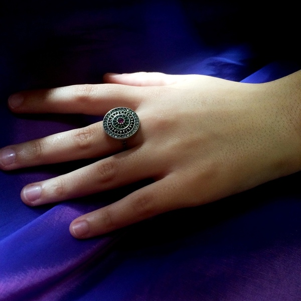 Vintage ασημένιο δαχτυλίδι "Δίσκος" με φυσικές πέτρες - ασήμι, ημιπολύτιμες πέτρες, ασήμι 925, σταθερά, μεγάλα - 3