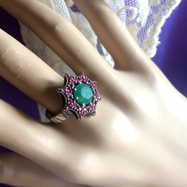 Vintage ασημένιο δαχτυλίδι "Αστέρι/σμαραγδί" με φυσικές πέτρες - ασήμι, ημιπολύτιμες πέτρες, ασήμι 925, αγάπη, σταθερά - 3