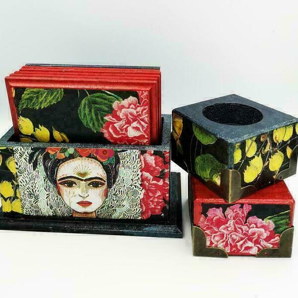 Frida Kahlo σετ σουβέρ και θήκη για ρεσό - ξύλο, πιατάκια & δίσκοι - 2