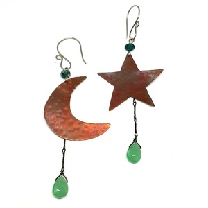 Σκουλαρίκια φεγγάρι αστέρι από χαλκό με πράσινη φεγγαροπετρα - ημιπολύτιμες πέτρες, χαλκός, κρεμαστά