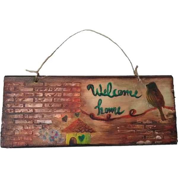 Ξύλινη ταμπέλα "Welcome home"(26,5*10cm) - ζωγραφισμένα στο χέρι, διακοσμητικά, ξύλινα διακοσμητικά