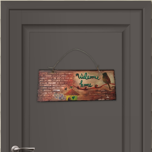 Ξύλινη ταμπέλα "Welcome home"(26,5*10cm) - ζωγραφισμένα στο χέρι, διακοσμητικά, ξύλινα διακοσμητικά - 2