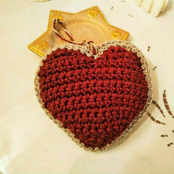 Διακοσμητική καρδιά πλεκτή κρεμαστή - καρδιά, χειροποίητα, πλεκτή, διακοσμητικά - 2
