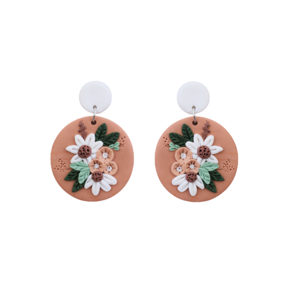 "Minted blush florals"- Χειροποίητα καρφωτά στρογγυλά σκουλαρίκια με λουλούδια, μήκος 4εκ. (ατσάλι, πηλός)