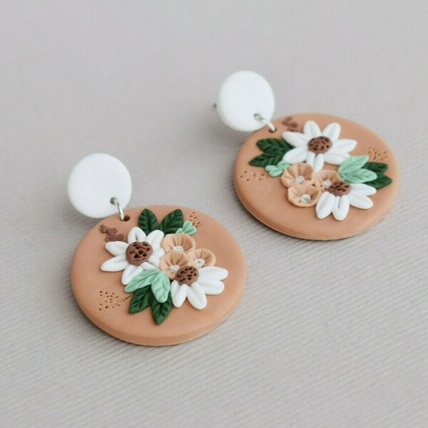 Minted Blush Florals | Χειροποίητα Φλοράλ Σκουλαρίκια με Λουλούδια (Ατσάλι, Πολυμερικός Πηλός) (Μήκος 4εκ.) - πηλός, λουλούδι, ατσάλι, κρεμαστά, μεγάλα - 2