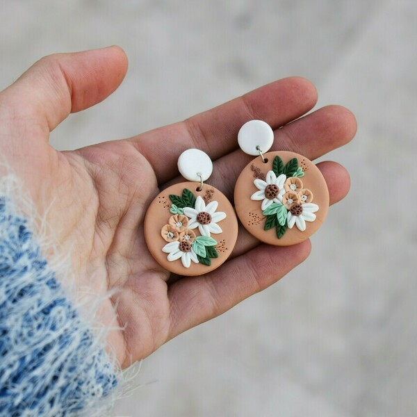 Minted Blush Florals | Χειροποίητα Φλοράλ Σκουλαρίκια με Λουλούδια (Ατσάλι, Πολυμερικός Πηλός) (Μήκος 4εκ.) - πηλός, λουλούδι, ατσάλι, κρεμαστά, μεγάλα - 3