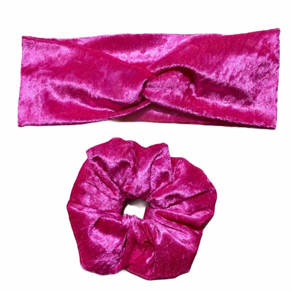 Handmade Scrunchie with Headband Pink Velvet - κορδέλες μαλλιών