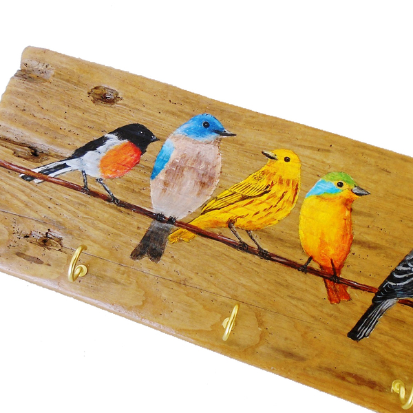 Ξύλινη κλειδοθήκη-κρεμάστρα, 44 Χ 11εκ., με πολύχρωμα πουλιά. . - ζωγραφισμένα στο χέρι, χειροποίητα, κλειδοθήκες - 2
