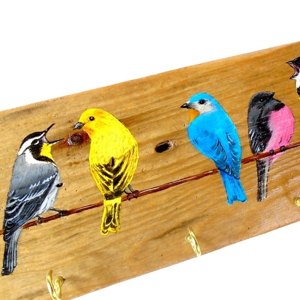 Ξύλινη κλειδοθήκη-κρεμάστρα, 44 Χ 11εκ., με πολύχρωμα πουλιά. . - ζωγραφισμένα στο χέρι, χειροποίητα, κλειδοθήκες - 3
