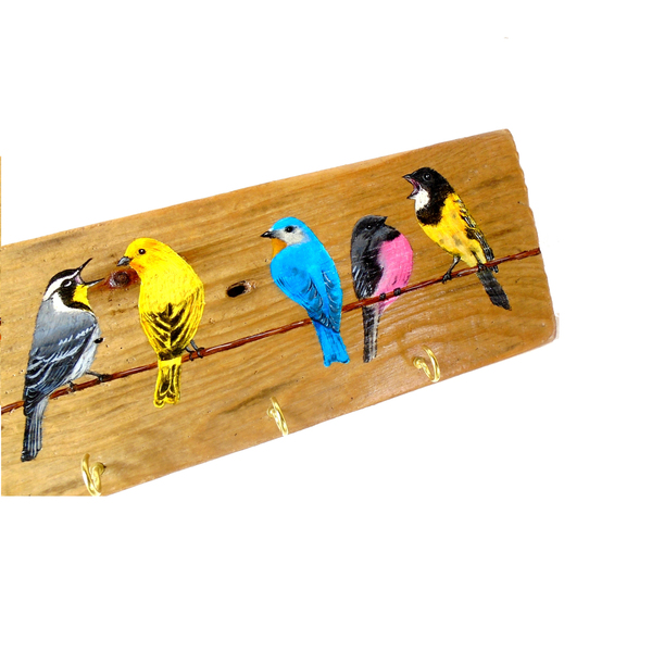 Ξύλινη κλειδοθήκη-κρεμάστρα, 44 Χ 11εκ., με πολύχρωμα πουλιά. . - ζωγραφισμένα στο χέρι, χειροποίητα, κλειδοθήκες - 4
