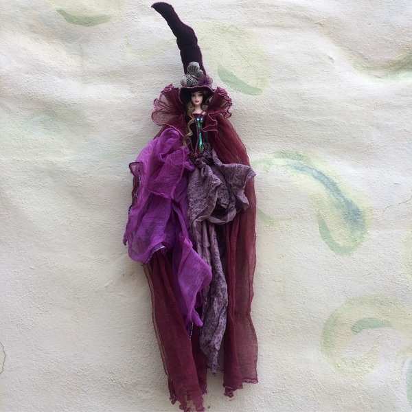 Διακοσμητική Κούκλα " Βυσσινί-Μωβ Μάγισσα" ύψος 90 εκ. - ύφασμα, διακόσμηση, διακοσμητικά, διακόσμηση σαλονιού, κούκλες - 5