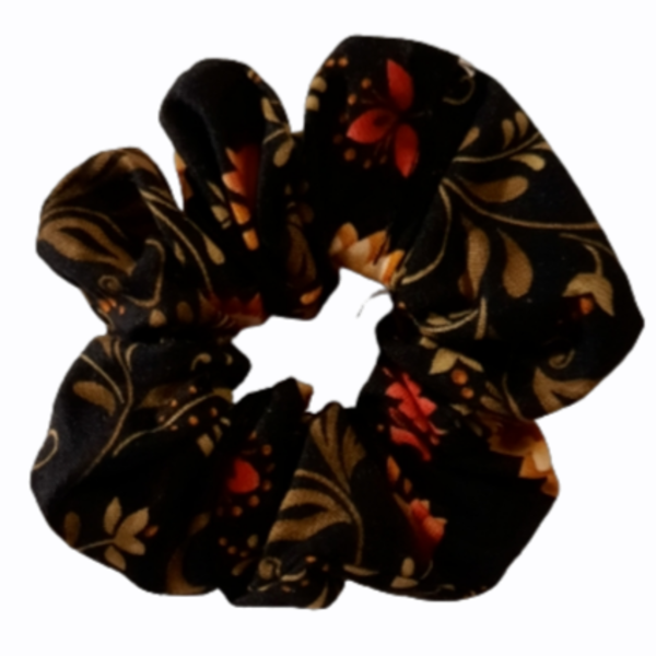 Μαύρο Scrunchie με φλοραλ σχέδια - ύφασμα, φλοράλ, για τα μαλλιά, λαστιχάκια μαλλιών