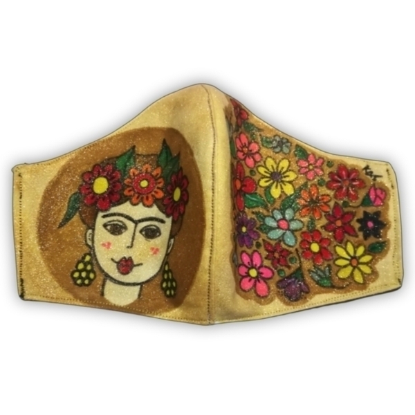 Ζωγραφισμένη χειροποίητη μάσκα μπεζ χρυση βαμβακερή, γυναικα και λουλούδια - ύφασμα, ζωγραφισμένα στο χέρι, γυναικεία, γκλίτερ