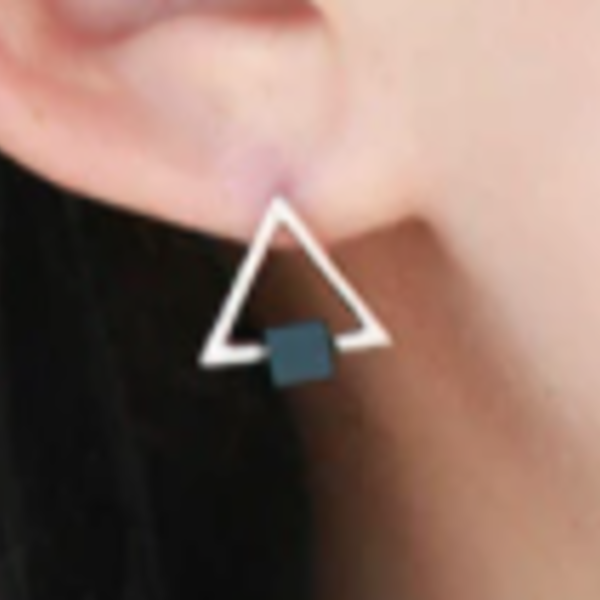 Σκουλαρίκια τρίγωνα με μαύρη πέτρα - ασήμι, καρφωτά, μικρά - 4
