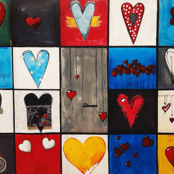 Πίνακας σύνθεση καρδιές (60cmx80cm) - πίνακες & κάδρα, καρδιά, ακρυλικό, χειροποίητα, αγ. βαλεντίνου - 2