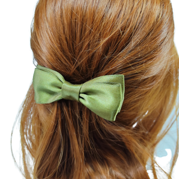 Πράσινος σατέν φιόγκος για τα μαλλιά σε μπαρέτα - χειροποίητα, μαλλιά, hair clips - 2
