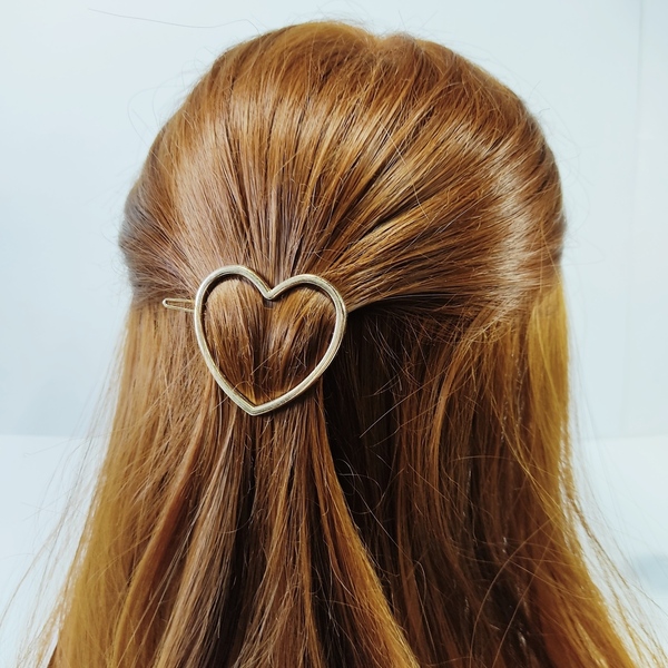 Επίχρυση μπαρέτα καρδιά - καρδιά, μέταλλο, μοδάτο, hair clips - 4