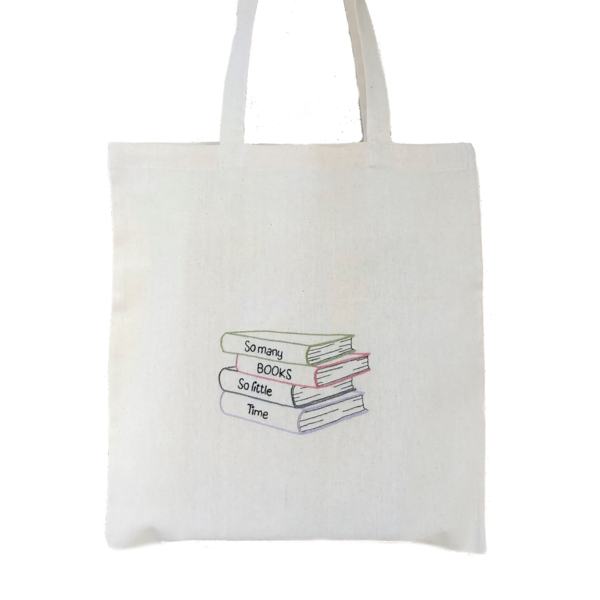 Τσάντα πάνινη tote bag από 100% βαμβακερό ύφασμα κεντημένη στο χέρι, σχέδιο "Books" - ύφασμα, ώμου, δώρα για δασκάλες, tote