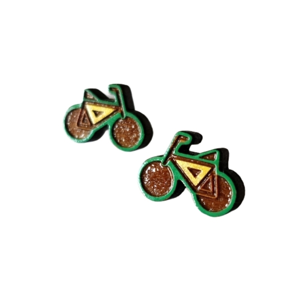 "Ποδηλατάδα!" - Καρφωτά σκουλαρίκια ποδήλατα από ξύλο 1,3 εκ. ζωγραφισμένα στο χέρι, βάση ατσάλι - κορίτσι, καθημερινό, καρφωτά, μικρά
