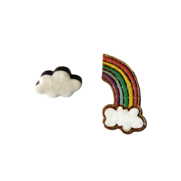 "Ουράνιο τόξο στα σύννεφα!" - Καρφωτά σκουλαρίκια από ξύλο - ξύλο, κορίτσι, καθημερινό, καρφωτά, ξύλινα κοσμήματα