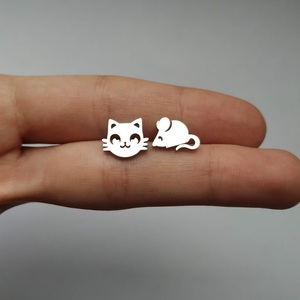 Σκουλαρίκια με γάτα και ποντίκι - καρφωτά, μικρά, ατσάλι - 3