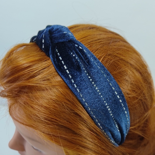 Στέκα βελούδινη μπλε με κόμπο ασημί γκλίτερ - μοδάτο, για τα μαλλιά, στέκες - 3