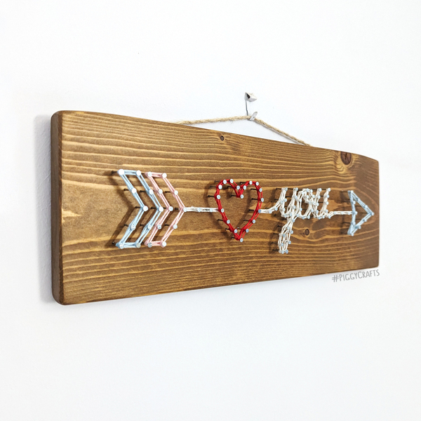 Ξύλινη πινακίδα με καρφιά & κλωστές "Love You" 33x12cm - ξύλο, αγάπη, διακοσμητικά, δώρα αγίου βαλεντίνου, αγ. βαλεντίνου - 4