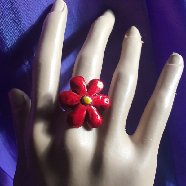 Δαχτυλίδι μικρό από αρζαντό "Κόκκινη Μαργαρίτα" - αλπακάς, μικρά, boho, αυξομειούμενα, φθηνά - 2