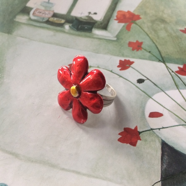 Δαχτυλίδι μικρό από αρζαντό "Κόκκινη Μαργαρίτα" - αλπακάς, μικρά, boho, αυξομειούμενα, φθηνά - 4