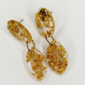 Οβάλ σκουλαρίκια από υγρό γυαλί και φύλλα χρυσού - γυαλί, επιχρυσωμένα, ατσάλι, κρεμαστά - 2