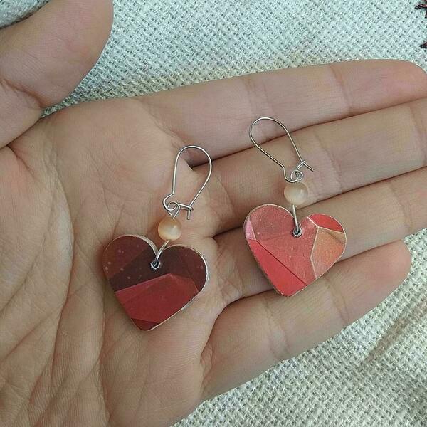 σκουλαρίκια κόκκινες καρδιές διπλής όψης γεωμετρικά, αγίου βαλεντίνου - καρδιά, επάργυρα, κρεμαστά, γάντζος, αγ. βαλεντίνου, φθηνά - 3