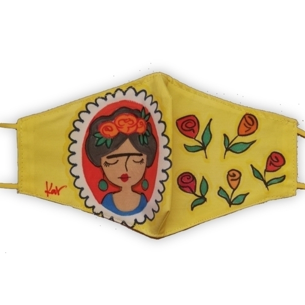 Ζωγραφισμένη μάσκα κίτρινη ΦΡΙΝΤΟΥΛΑΚΑΔΡΟ ΛΟΥΛΟΥΔΙΑ 12X24 - ζωγραφισμένα στο χέρι, γυναικεία, τριαντάφυλλο, boho
